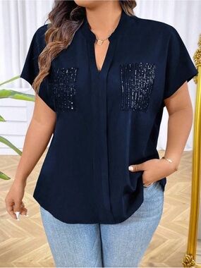 Women's Navy Blue Sequin Pocket V-Neck Top Blouse XXL Plus